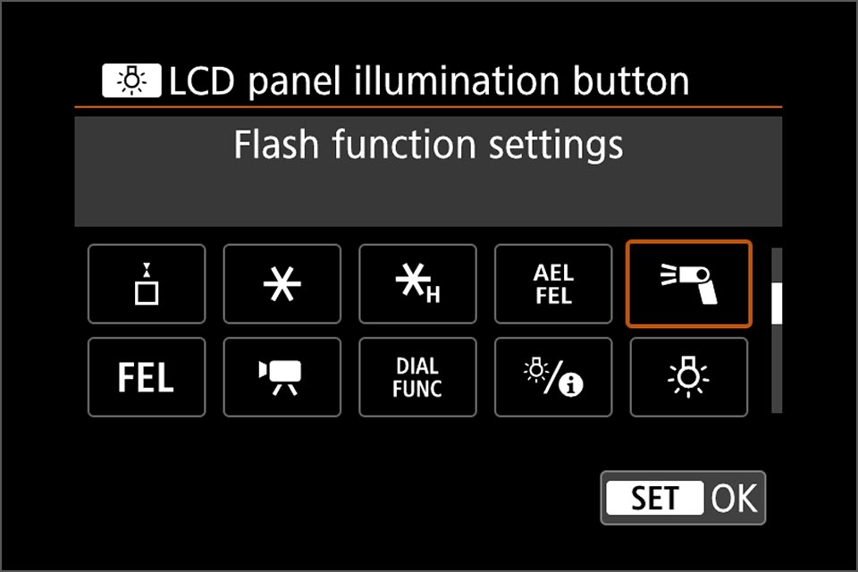 EOS R custom button for quick access to flash settings
