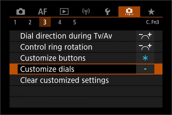 camera menu to customise dials